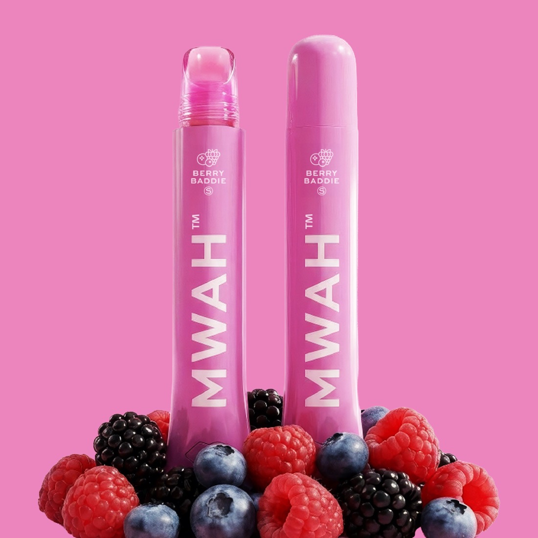 Berry Baddie MWAH vape pens styled with fresh blackberries, raspberries and blueberries
