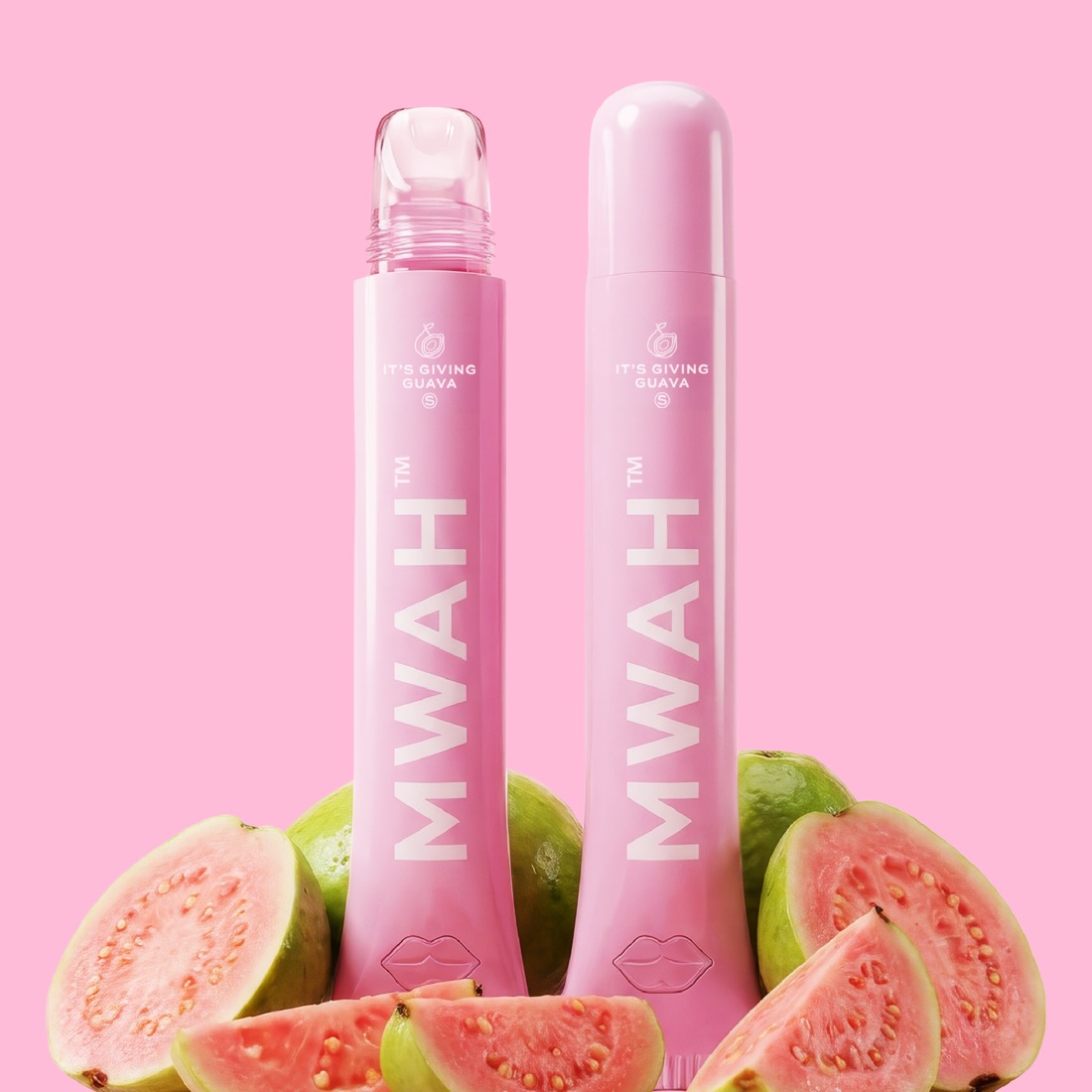 It’s Giving Guava MWAH vape pens styled with sliced fresh guava