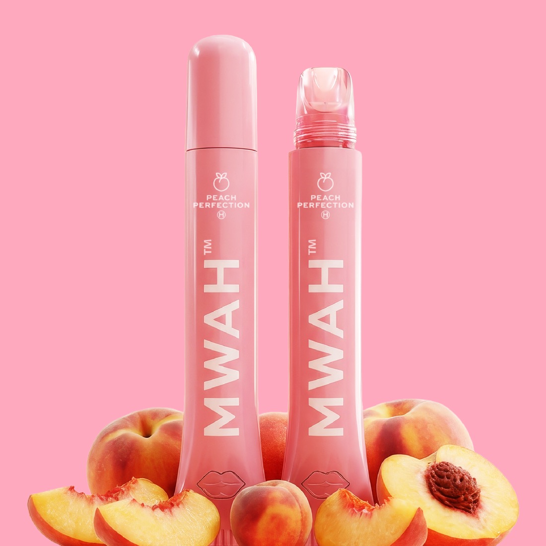 Peach Perfection MWAH vape pens styled with fresh peaches