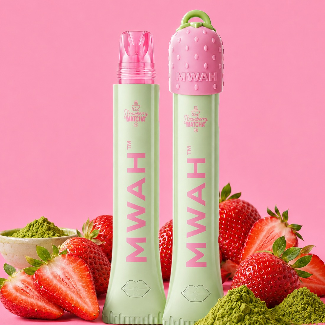 Strawberry Matcha MWAH vape pens styled with fresh strawberries and matcha powder
